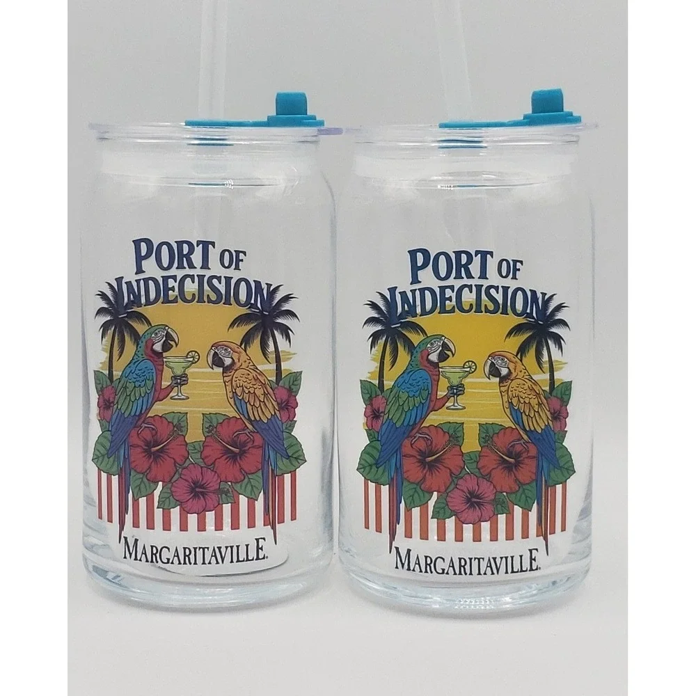 Margaritaville Glass Sipper Cup Port of Indecision Set of 2 Lids Straws 16oz